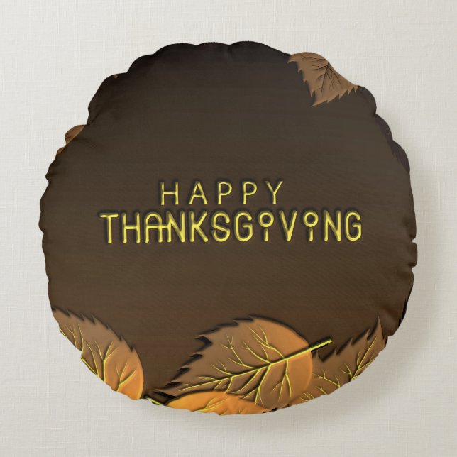 Happy Thanksgiving Greetings with Fall Leaves Round Cushion (Front)