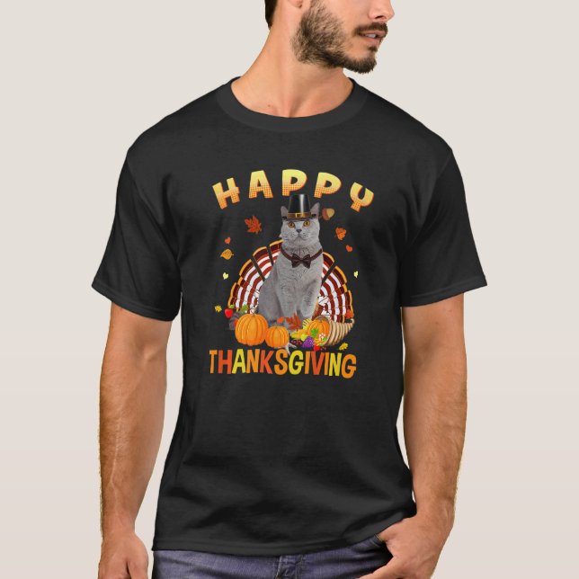 Happy Thanksgiving Grey Cat Turkey Pilgrim Hat  Ho T-Shirt (Front)
