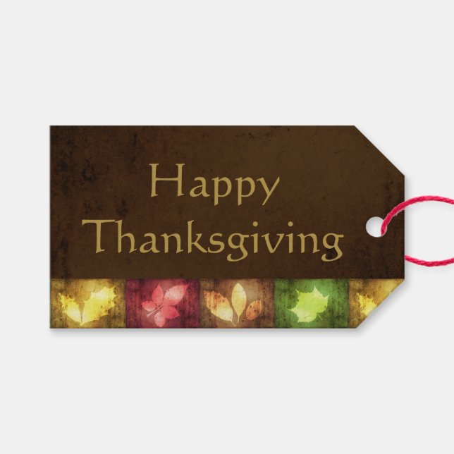 Happy Thanksgiving Grunge Leaves Gift Tags (Front (Horizontal))