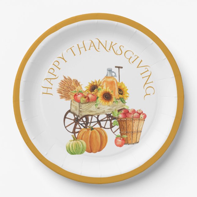 Happy Thanksgiving Harvest Flowers and Produce Paper Plate (Front)