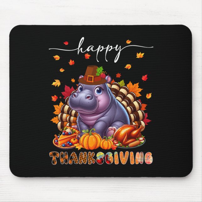 Happy Thanksgiving Hippo Costume Turkey Fall Leave Mouse Pad (Front)