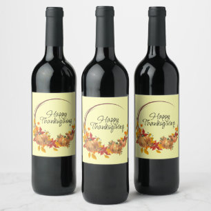 HAPPY THANKSGIVING Holiday Pumpkins Autumn Leaves Wine Label
