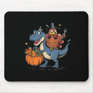 Happy Thanksgiving Kids Funny Turkey Riding T Rex Mouse Pad