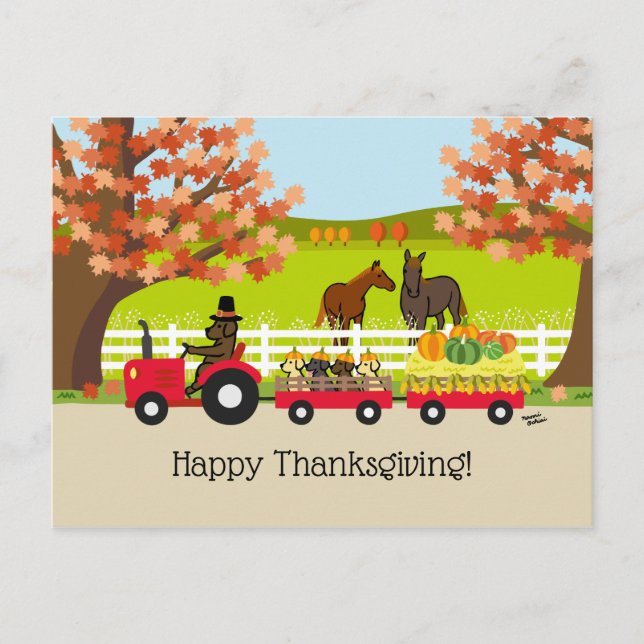 Happy Thanksgiving Labradors and Tractor Postcard (Front)
