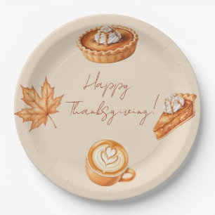 Happy Thanksgiving Leaves Cream Pumpkin Pie Paper Plate