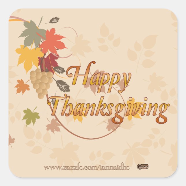 Happy Thanksgiving - Leaves, Grapes and Ribbons Square Sticker (Front)