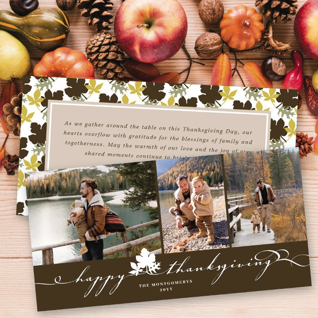 Happy Thanksgiving Leaves Simple Flourish 3 Photo Holiday Card (Creator Uploaded)