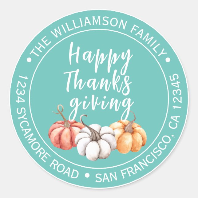 Happy Thanksgiving Light Teal Return Address  Classic Round Sticker (Front)