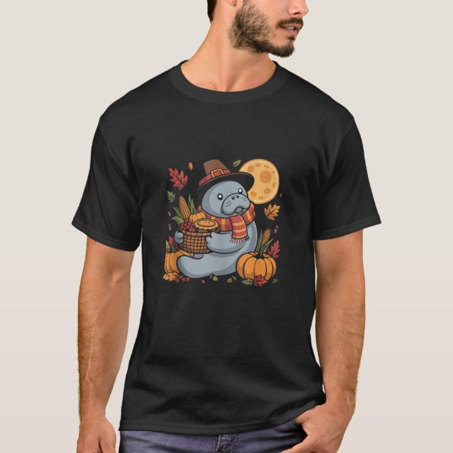 Happy Thanksgiving Manatee with Pumpkin Pie Autumn T-Shirt (Front)