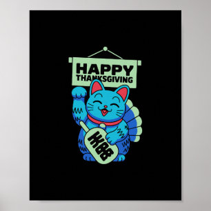Happy Thanksgiving Maneki Neko Lucky Cat Japanese Poster