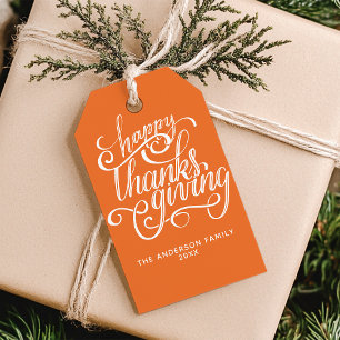 Happy Thanksgiving Modern Script Harvest Orange Gift Tags
