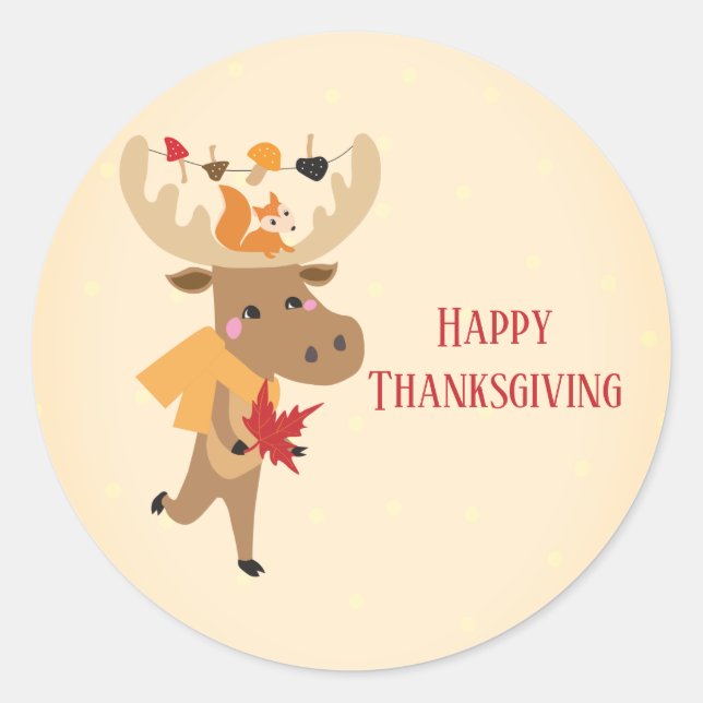 Happy Thanksgiving Moose Squirrel Colourful Classic Round Sticker (Front)