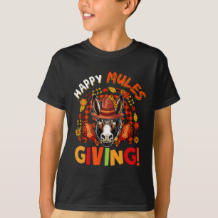 Happy Thanksgiving Mule Fall Leaves Rainbow Farmer T-Shirt