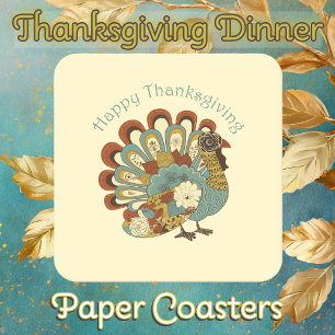 Happy Thanksgiving Muted Fall Coloured Turkey Square Paper Coaster