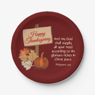 HAPPY THANKSGIVING My God Shall Supply BURGUNDY Paper Plate