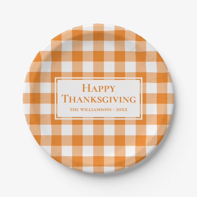 Happy Thanksgiving Name Orange White Gingham Plaid Paper Plate (Front)