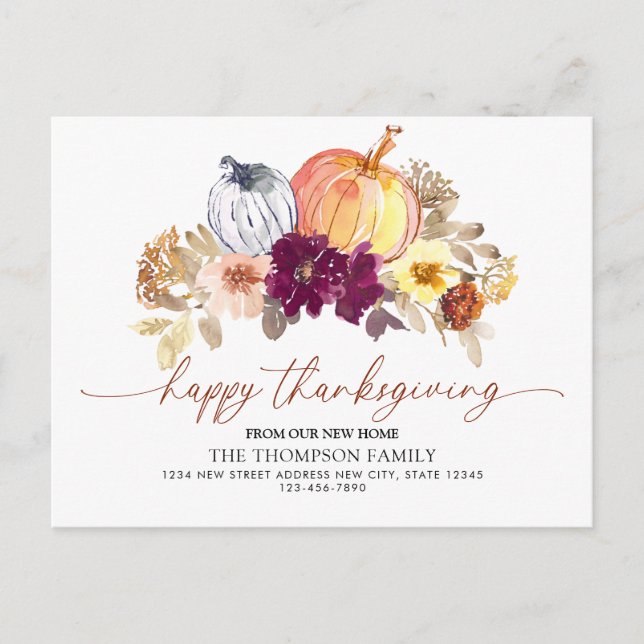 Happy Thanksgiving New Home Floral Pumpkin Moving Announcement Postcard (Front)