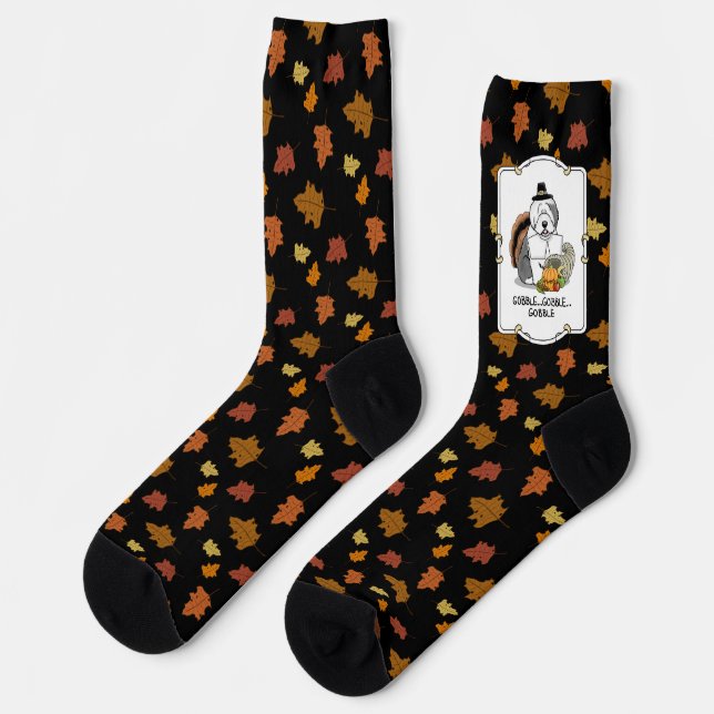 Happy Thanksgiving Old English Sheepdog Grey 1 Fun Socks (Left)