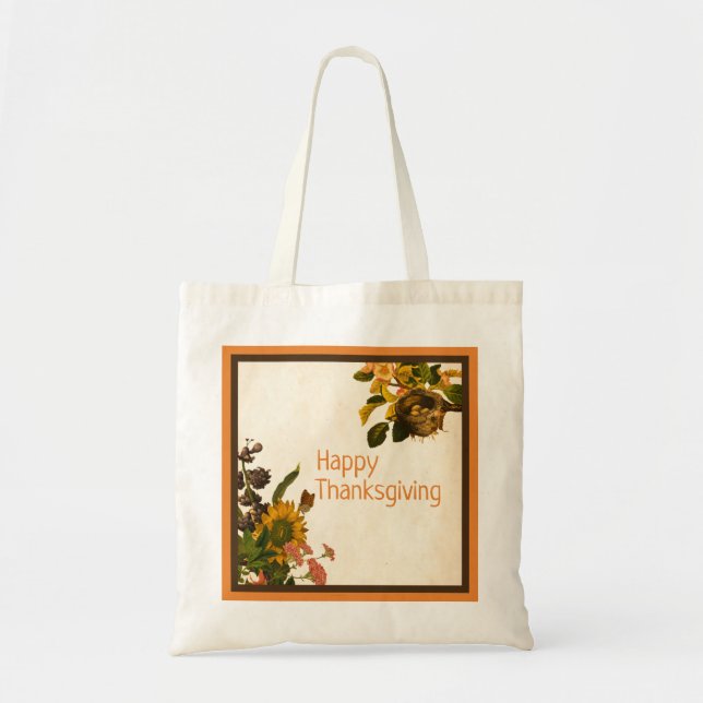 Happy Thanksgiving Orange & Brown Autumn Floral Tote Bag (Front)