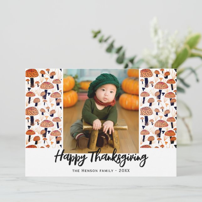 Happy Thanksgiving Orange Mushroom Fall Photo Holiday Card (Standing Front)