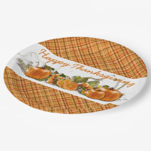 Happy Thanksgiving Orange Plaid Paper Plates
