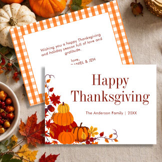 Happy Thanksgiving Orange Pumpkin Autumn Leaves Holiday Card