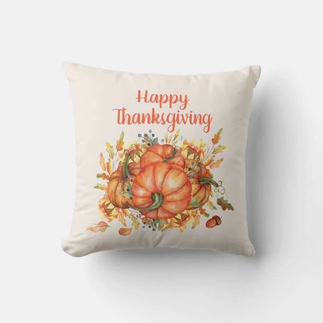 Happy Thanksgiving Orange Pumpkins Fall Leaves  Cushion (Front)