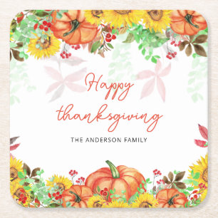 Happy Thanksgiving Orange Pumpkins Square Paper Coaster
