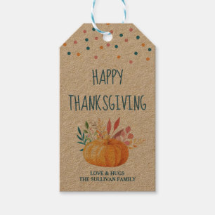 Happy Thanksgiving Orange Watercolor Pumpkin Gift Tags