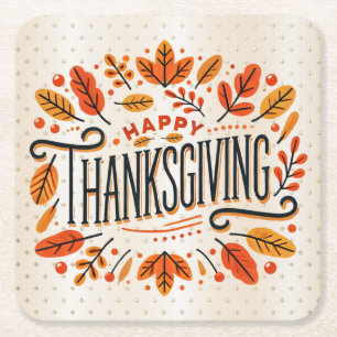 Happy Thanksgiving Orange Yellow Fall Leaves Square Paper Coaster