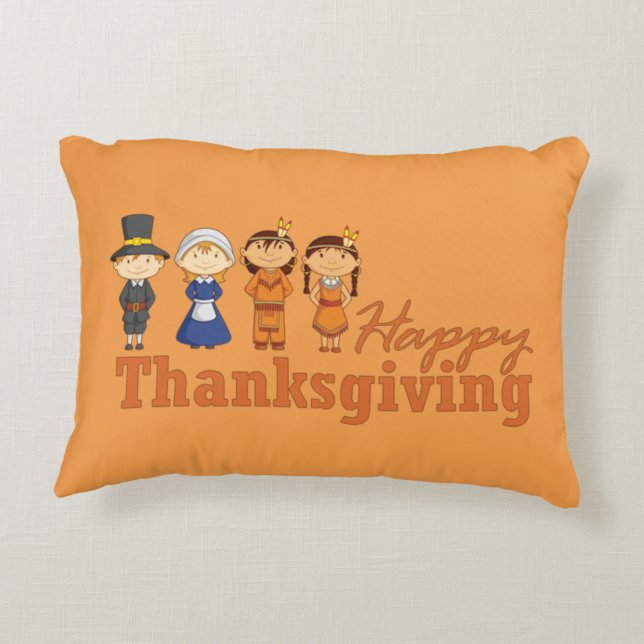 Happy Thanksgiving Pilgrim and Native American Decorative Cushion (Back)