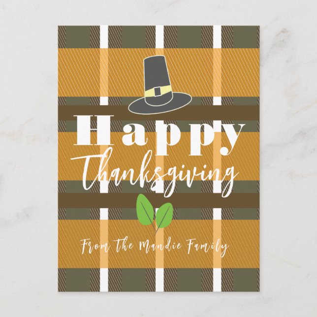 Happy Thanksgiving Pilgrim Hat Plaid Postcard (Front)