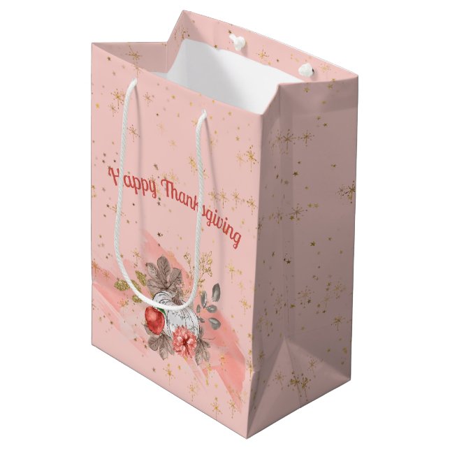 Happy Thanksgiving Pink Pumpkins and Flowers Medium Gift Bag (Front Angled)