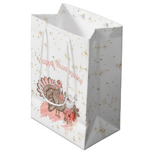 Happy Thanksgiving Pink Turkey and Pumpkins Medium Gift Bag