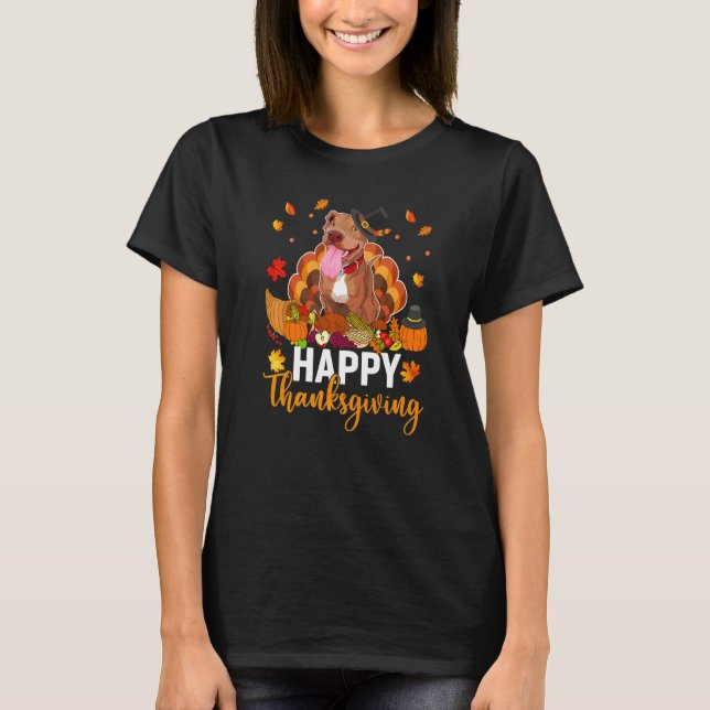 Happy Thanksgiving Pitbull Dog Turkey T-Shirt (Front)
