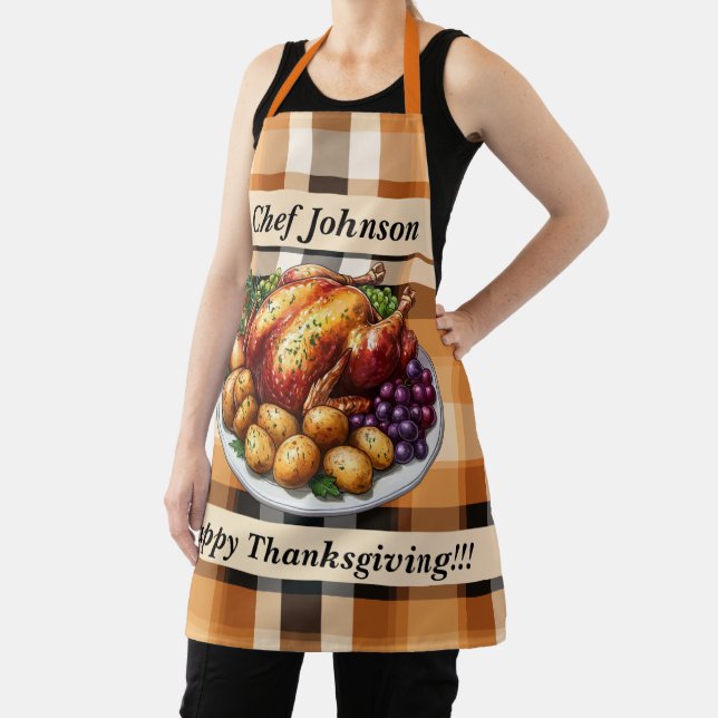 Happy Thanksgiving Plaid Fall Colours Apron (Insitu)