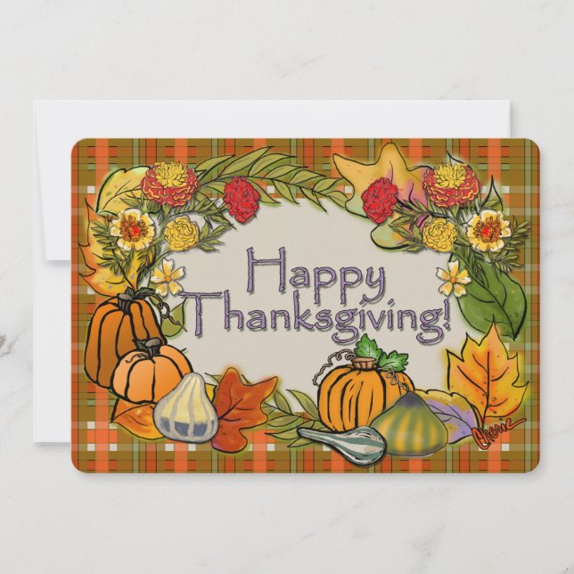Happy Thanksgiving Plaid Pumpkins Squash Marigolds (Front)