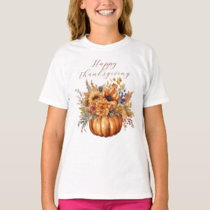 Happy Thanksgiving-Pumpkin and Flowers- T-Shirt