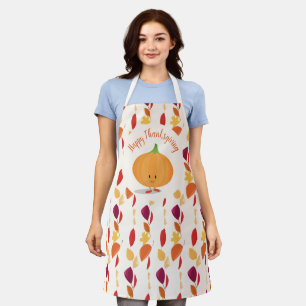 Happy Thanksgiving Pumpkin Autumn Leaves Cartoon Apron