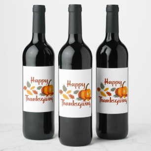 Happy Thanksgiving Pumpkin Autumn Leaves Flat Wine Label