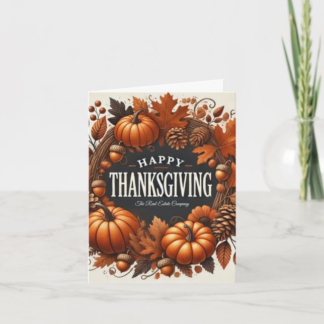 Happy Thanksgiving Pumpkin Autumn Leaves Wreath Holiday Card (Front)