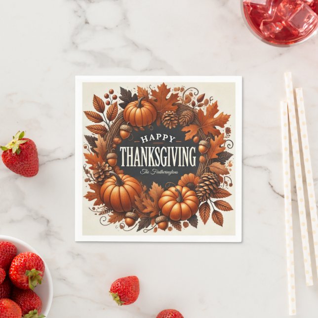 Happy Thanksgiving Pumpkin Autumn Leaves Wreath Napkin (Insitu)
