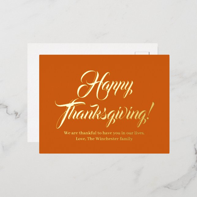 Happy Thanksgiving pumpkin custom script elegant Foil Holiday Postcard (Front/Back)