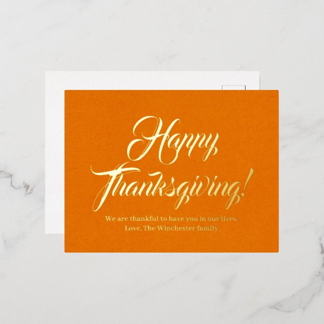 Happy Thanksgiving pumpkin elegant script custom Foil Holiday Postcard (Front/Back)