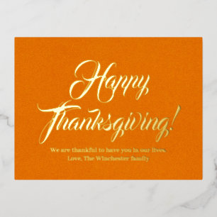 Happy Thanksgiving pumpkin elegant script custom Foil Holiday Postcard