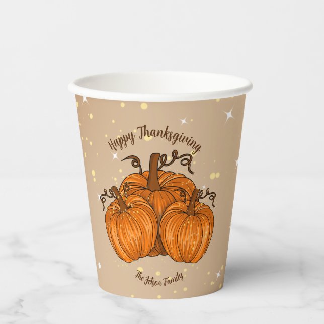 Happy Thanksgiving Pumpkin Glitter Paper Cups (Front)