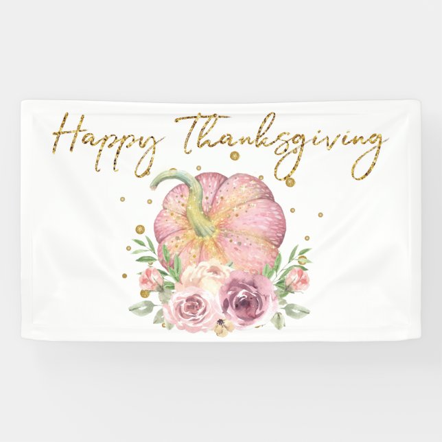 Happy Thanksgiving Pumpkin Pink and Glitter Banner (Horizontal)