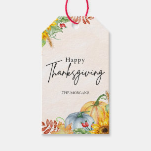 Happy Thanksgiving Pumpkin Sunflower Custom Name Gift Tags