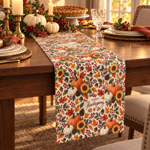 Happy Thanksgiving Pumpkin Sunflower Fall Floral Short Table Runner