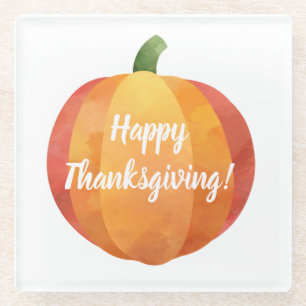 Happy Thanksgiving Pumpkin Watercolor Glass Coaster
